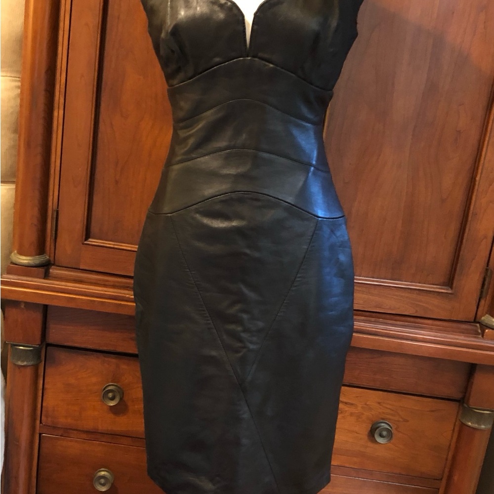 1980s Karen Okada for David Howard Leather Chic Black Backless Dress in Size 6